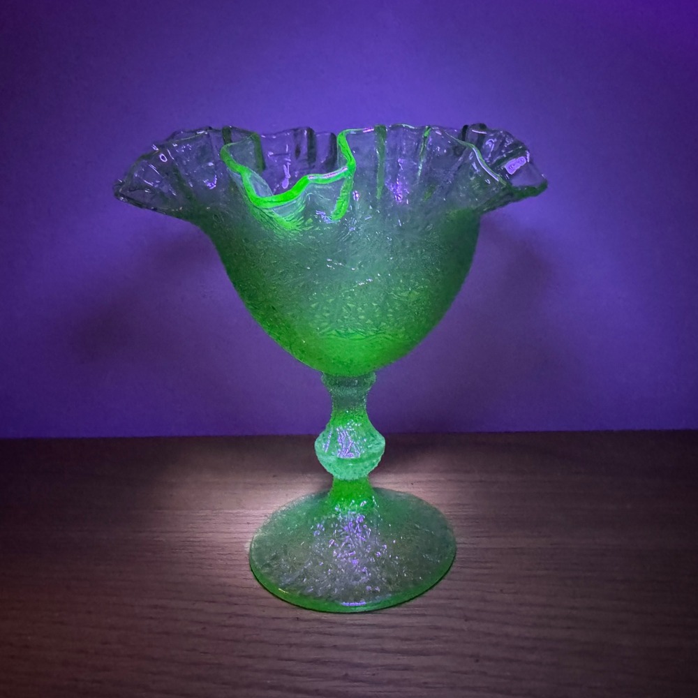 Fenton Tree of Life Green Vaseline‎ Glass Ruffled Compote Pedestal Bowl